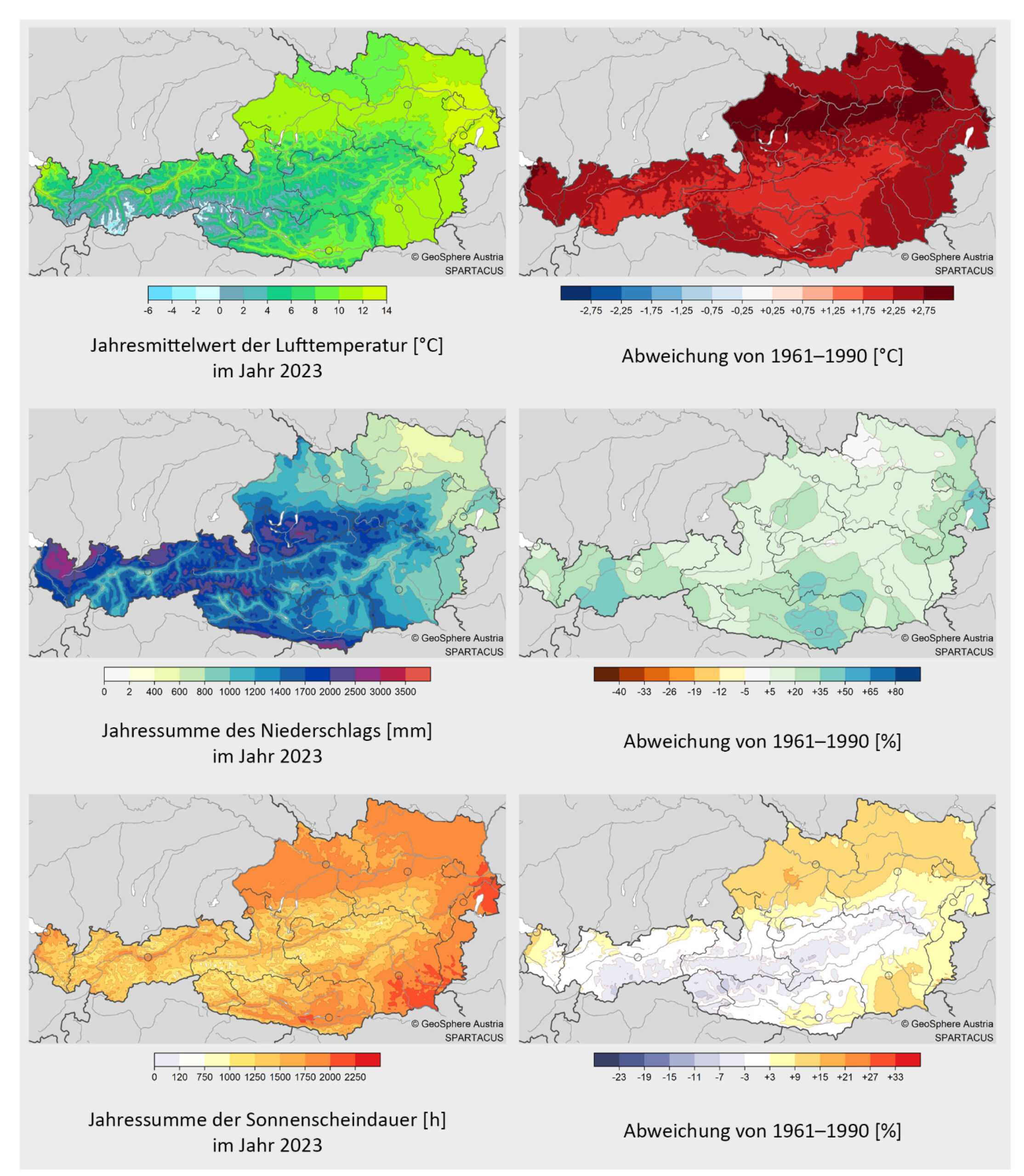 Klimadaten: Raeumliche Verteilung-Jahreswerte-2023-absolut-und-relativ-zum-Mittelwert-19661-1990