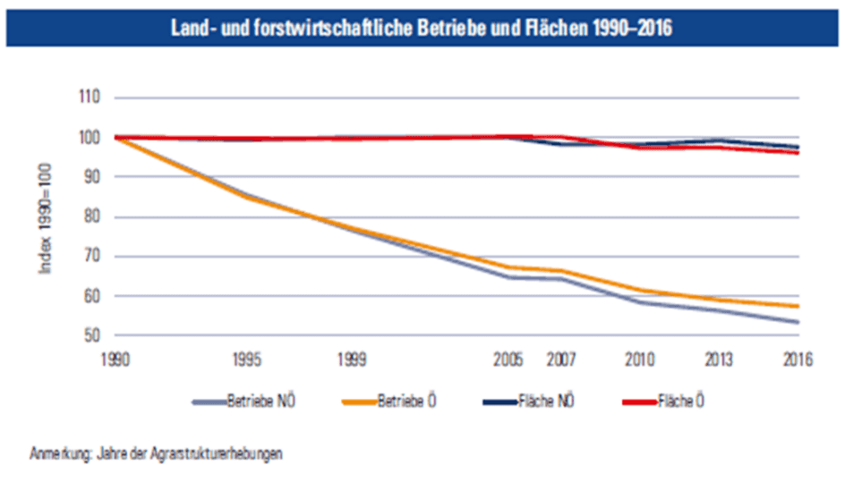 Die Grafik zeigt die Entwicklung der Land- und forstwirtschaftlichen Betriebe und Flächen von 1990 bis 2016. Dabei bleiben die Flächen jeweils in Ö und NÖ konstant, die Betriebe nehmen hingegen drastisch ab.